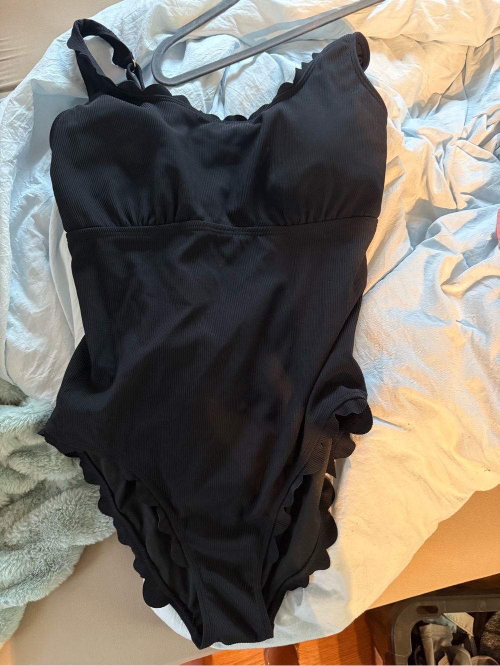 Womens Black One-Piece Swimsuit with Scalloped Trim